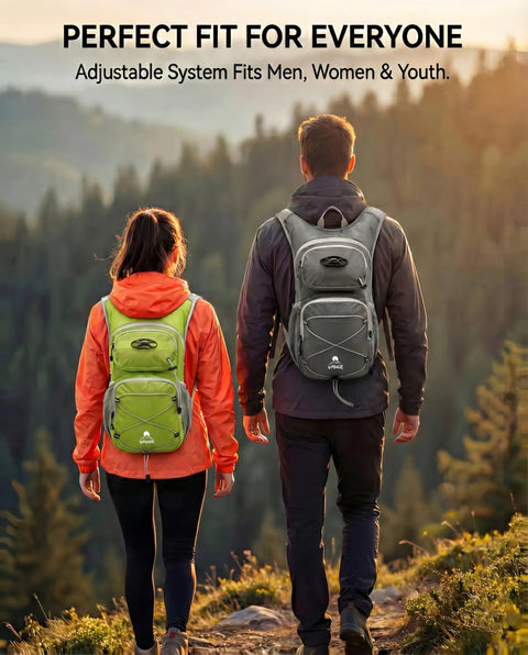 Two hikers wearing 2L Hydration Pack With Zipper Phone Pocket On Shoulder Strap, Lightweight Daypack For Cycling, Running, Rave And Music Gear