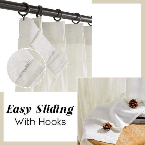 Extra Wide Linen Curtains With Tailored Pinch Pleat Top For Track System With Hooks, light filtering semi sheer panel, detail view.