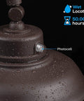 Gooseneck Barn Light With Dusk To Dawn Sensor Outdoor Wall Sconce, brown finish, wet location use, close-up of photocell detail