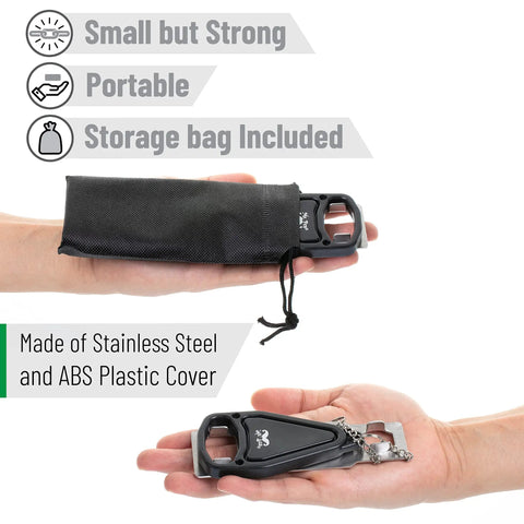 Hands holding Portable Door Lock Security Kit in black storage bag and stainless steel door latch, ideal for travel privacy.