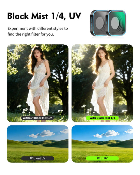 Comparison of GoPro filter effects; woman outdoors with and without Black Mist 1/4, landscape with and without UV filter.