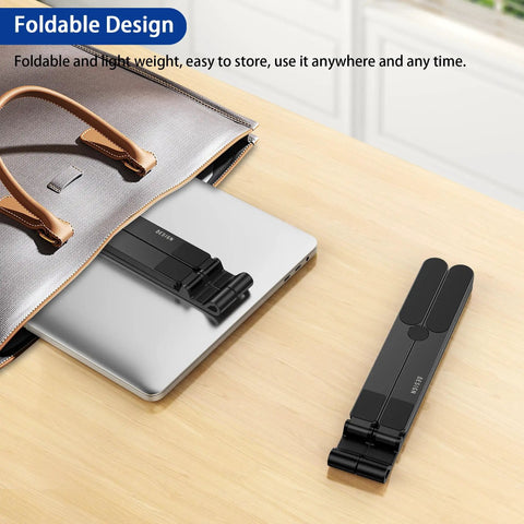 Ergonomic Laptop Stand For 10 To 14 Inch Laptops Portable Riser With 8 Adjustable Angles From 25 To 45 Degrees And Height From 3.5 To 6.3 Inches Fits Notebook Computers Black, foldable design on desk with laptop.