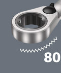 Close-up of Joker Switch Ratcheting Combination Wrench showing 80-tooth reversible ratchet, part of the Four Piece Angled Jaw Design set.
