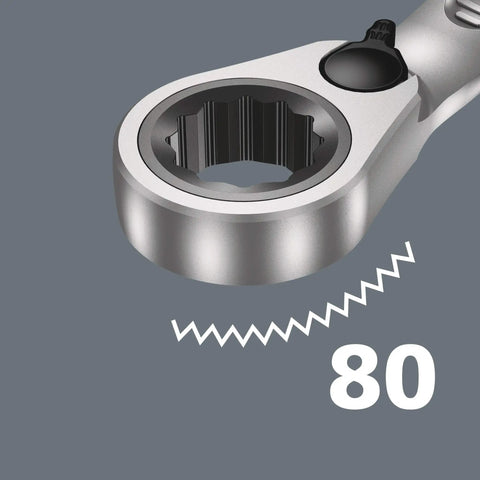 Close-up of Joker Switch Ratcheting Combination Wrench showing 80-tooth reversible ratchet, part of the Four Piece Angled Jaw Design set.