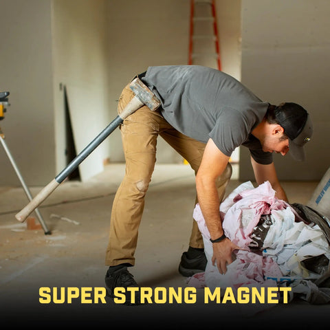 Person using Magnetic Tool Holder Clip On Belt Holster For Screws Hammer Sockets Pliers Drill Bits And More And Your Third Hand On The Go