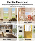 Compact Indoor Outdoor Wireless Security Camera With HD Night Vision And Cloud SD Storage placed in different rooms including living room, baby room, study room, and entrance for flexible placement.
