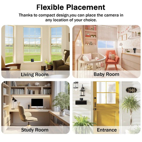Compact Indoor Outdoor Wireless Security Camera With HD Night Vision And Cloud SD Storage placed in different rooms including living room, baby room, study room, and entrance for flexible placement.
