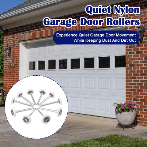 Quiet Nylon Garage Door Rollers 10 Pack 1.8 Inch Wheels With 4.7 Inch Stems Replaceable Whisper Quiet Operation on brick garage