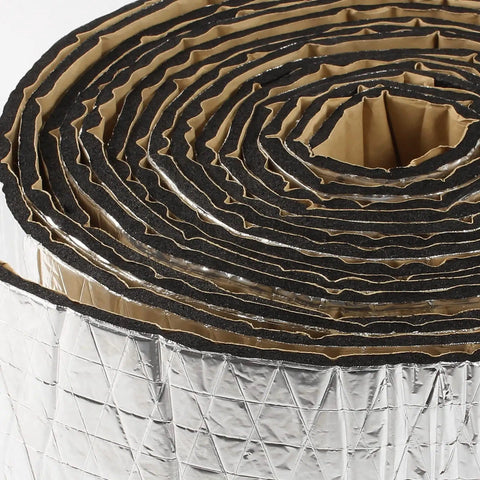 Close-up of Pipe Wrap Insulation Foam Tape 5mm Thick Self Adhesive Waterproof High Density Heavy Duty Duct Tape with aluminum backing.