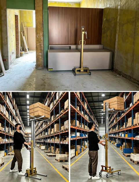 Heavy Duty Manual Lifting Stacker For Easy Cabinet Install And Material Handling With Smooth Rolling Wheels To Move Loads Up To 80kg in warehouse.