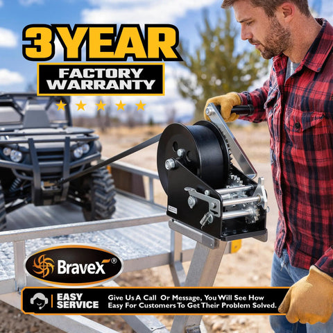 Beefy Heavy Duty Boat Trailer Hand Winch 3500 Lbs With 33 Ft Strap For Lifting And Towing Boats Carbon Steel Build Easy Crank Action Marine Grade Toughness For Dock And Trailer mounted on trailer