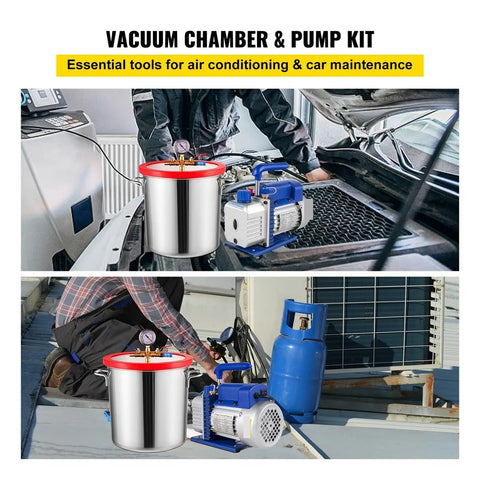 3CFM 1/4HP Vacuum Pump With Chamber For Household And Auto Air Conditioning Servicing, A Handy Refrigeration Vacuum Tool With 6L Chamber, Pro Grade, Durable, Easy To Use, Great For Maintenance And Repairs. Vacuum chamber and pump kit for A/C servicing