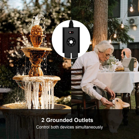 Outdoor Timer With Auto Light Sensor Dusk To Dawn, Waterproof Plug-In Socket With Two Grounded Outlets For Holiday Decor in a garden setting.