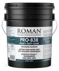 PRO 838 Heavy Duty Clear Wallpaper Adhesive in 5-gallon bucket for non-wovens and commercial wallcoverings, front label view.