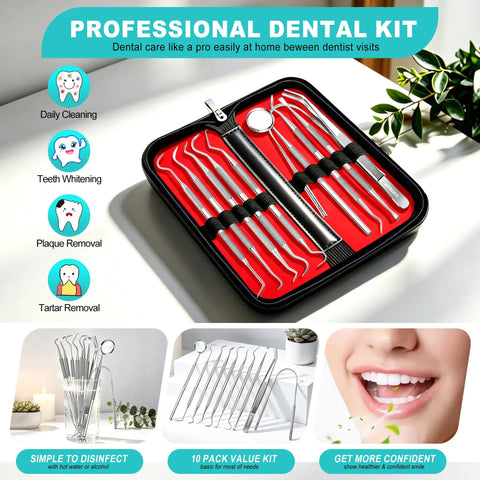 10 In 1 At Home Dental Tools Set For Pro Grade Deep Plaque And Tartar Removal With Mirror, Tweezers, Tongue Cleaner, Picks