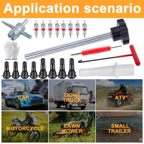 Quick Tire Valve Change Tool Kit For Cars Trucks And ATVs, includes valve stems and industrial tools for fast replacements