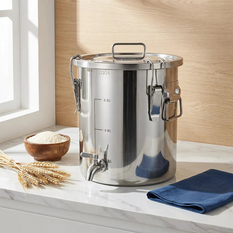 Straight Up Heavy Duty 304 Stainless Steel Beverage Dispenser With Easy Flow Spigot on countertop with rice bowl.