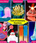 Image of 230 Experiments Science Kit For Kids STEM Toys With Magic Chemistry Set Crystal Growing Physics Slime And More Hands On Learning Educational Gift Idea For Boys And Girls showing various science experiments like crystal growing, volcano eruptions, and slime making.