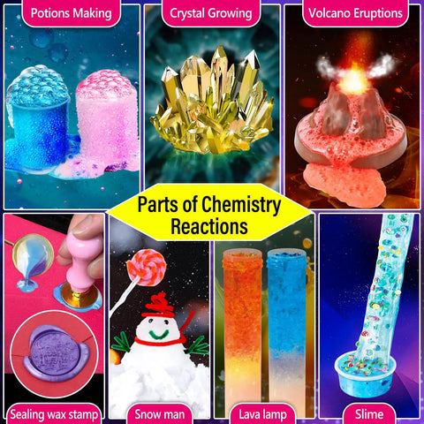 Image of 230 Experiments Science Kit For Kids STEM Toys With Magic Chemistry Set Crystal Growing Physics Slime And More Hands On Learning Educational Gift Idea For Boys And Girls showing various science experiments like crystal growing, volcano eruptions, and slime making.