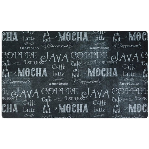 Coffee Bar Mat For Espresso Station Protects Countertops From Spills And Scratches With Absorbent Waterproof Washable Construction Sized 12 By 20 Inches USA Made Java Chalkboard Design with coffee-themed text print.