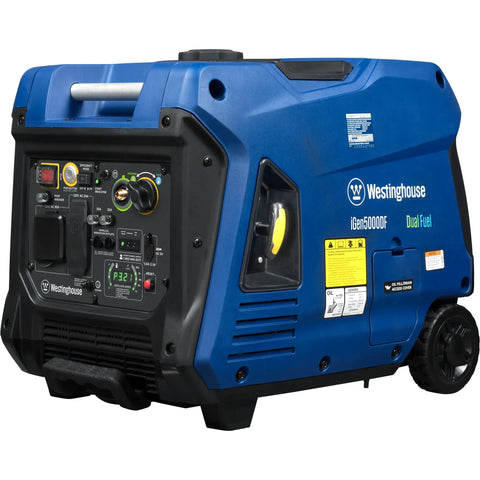 Side view of Dual Fuel 5000 Peak Watt Inverter Generator With Remote Start Gas Or Propane Powered RV Ready 30A Outlet