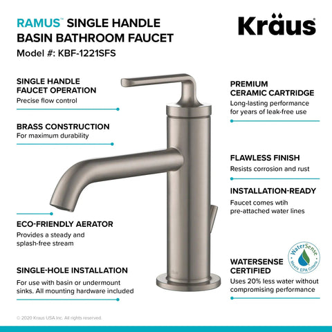 Ramus Single Handle Bathroom Sink Faucet With Lift Rod Drain In Spot Free Stainless Steel, 100 Percent Lead Free Solid Brass Construction image