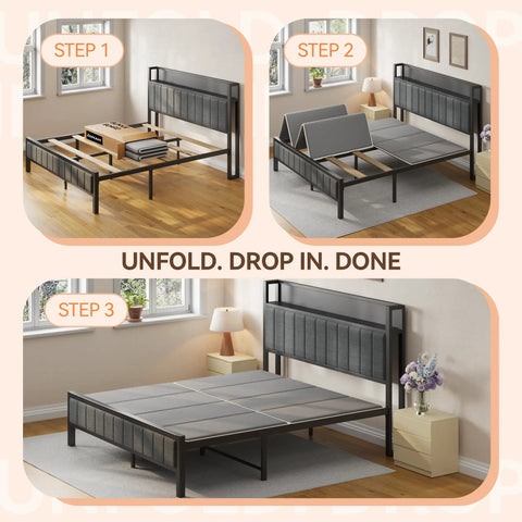 Full Size Bunkie Board 54X75 Delivers Flat Out Sturdy Support Hollow Core Base setup in three steps showing bed assembly.