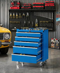 Badass Heavy Duty Five Drawer Rolling Tool Chest With Top Shelf Lock And Ridiculously Smooth Wheels For Hella Secure Garage Storage And Pro Shop Organization Built Tough In Blue next to a vintage yellow car.