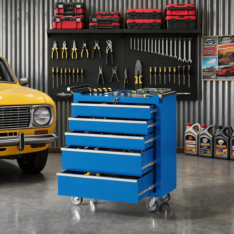 Badass Heavy Duty Five Drawer Rolling Tool Chest With Top Shelf Lock And Ridiculously Smooth Wheels For Hella Secure Garage Storage And Pro Shop Organization Built Tough In Blue next to a vintage yellow car.