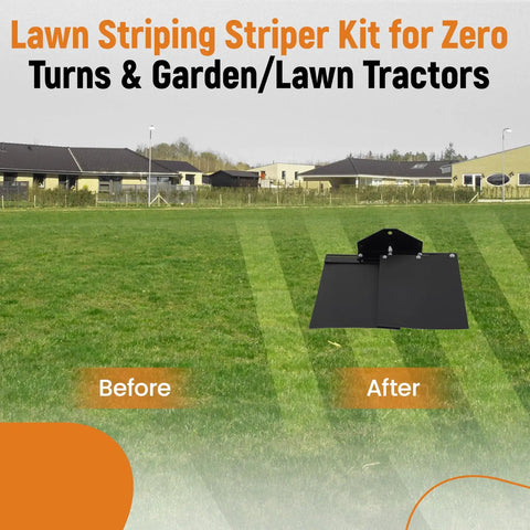 Universal Lawn Striper Kit For Zero Turn Mowers And Garden Tractors Adjustable From 12.63 Inches To 23.26 Inches Built With Heavy Duty Automotive Grade Steel For A Clean Uniform Yard Stripe That Looks Pro shown with before and after lawn stripes