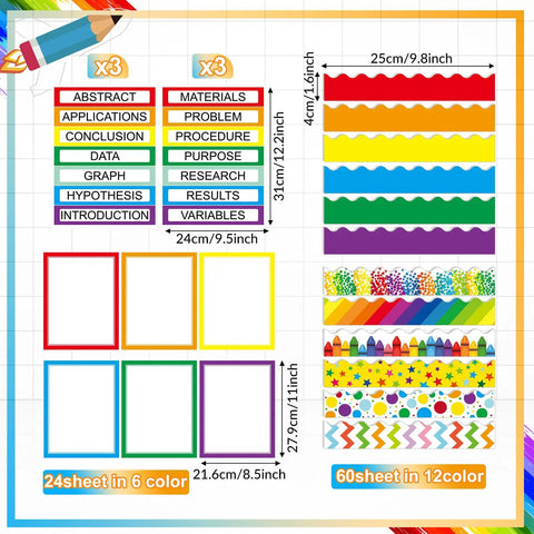 Rainbow Science Fair Board Kit With 60 Scalloped Borders, 24 Presentation Subtitles, And 6 Science Fair Title Stickers layout