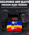 Arm Blaster For Biceps And Triceps With Adjustable Straps, Bicep Curl Isolator And Elbow Fixer in various colors displayed in gym