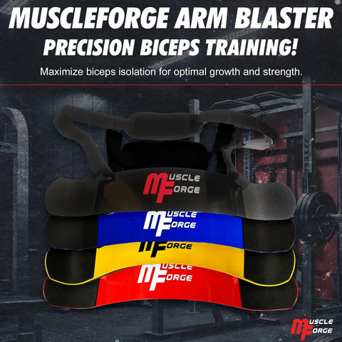 Arm Blaster For Biceps And Triceps With Adjustable Straps, Bicep Curl Isolator And Elbow Fixer in various colors displayed in gym