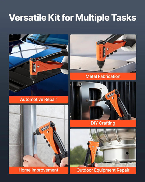 Heavy Duty Single Hand Pop Rivet Gun Kit Rigged Out With Two Hundred Blind Rivets Four Swappable Tips And Drill Bits Tucked In A Dang Sturdy Carry Case For Knuckle Busting Metal Repair Work in various task uses.