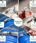 OURU 50FT stainless steel hose clamp set with holes; front, side, close-up, and installed views on a blue pipe