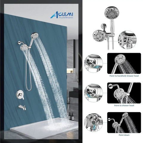 Dual Shower Head And Handheld Spray System With Tub Spout, Rain Shower Head, 8 Settings, Chrome Finish, Easy DIY Install