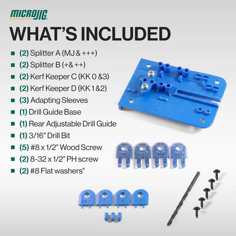 Rock Solid Full Kerf Table Saw Splitter For Zero Burn Wood Cutting Anti Kickback Safety Guard showing included parts and accessories.