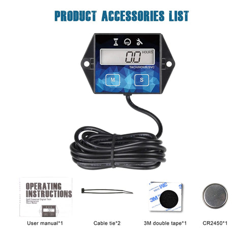 Keepin Tabs Digital Hour Meter With Tachometer And Maintenance Reminders for lawn mowers with accessories including cable tie and tape