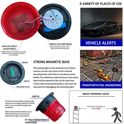 Solar Strobe Warning Light With Magnetic Base Waterproof LED Beacon details and various place-of-use scenarios.