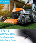 Lawn mower on grass with inset of Beefy Heavy Duty Inner Tube For 15x6.00-6 Tires With TR13 Straight Valve Stem