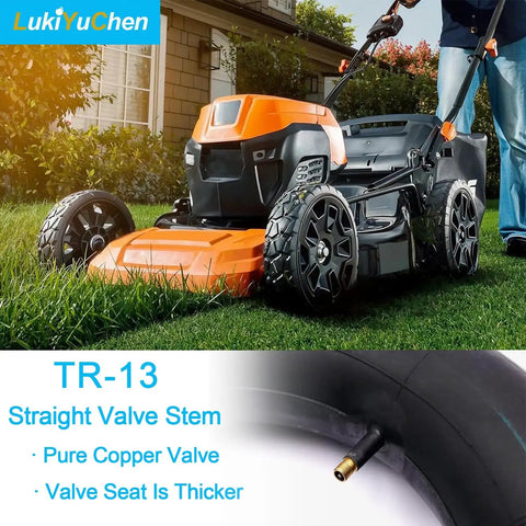 Lawn mower on grass with inset of Beefy Heavy Duty Inner Tube For 15x6.00-6 Tires With TR13 Straight Valve Stem