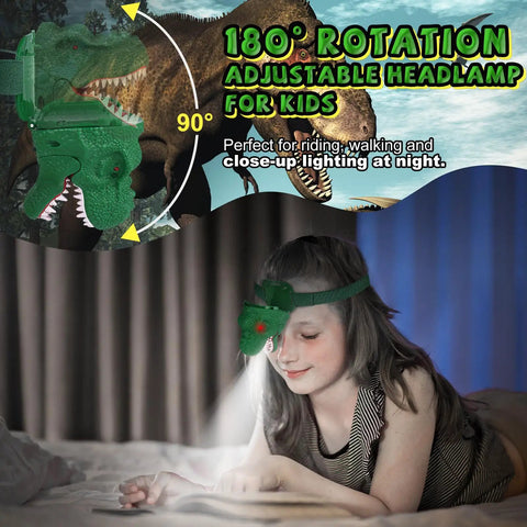 Child wearing a green Dinosaur Headlamp For Kids With LED Flashlight Roar And Silent Modes, T Rex Dino Toy for night adventure.