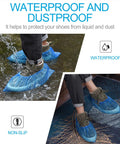 Disposable Shoe Covers One Size Fits All Super Durable CPE Material Waterproof Non Slip Dust Proof Boot Covers For Floors And Carpets Blue 100 Pack 50 Pairs Thick Tear Resistant Pro Grade in use on wet and dry surfaces.