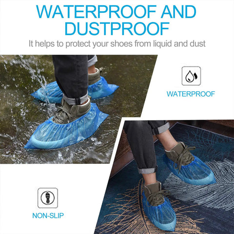 Disposable Shoe Covers One Size Fits All Super Durable CPE Material Waterproof Non Slip Dust Proof Boot Covers For Floors And Carpets Blue 100 Pack 50 Pairs Thick Tear Resistant Pro Grade in use on wet and dry surfaces.