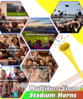 Collage of events with 24 Inch Collapsible Stadium Horn for Loud Crowd Cheering, used for games, parties, and graduations.