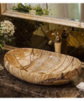 Top Shelf Rectangular Vessel Sink For Above Counter Bathroom Vanity Setup Modern Boat Shaped Washbasin Sleek Countertop Basin With Dead Simple Drain And Sharp Contemporary Lines For A Fresh Bathroom Upgrade displayed on vanity with gold faucet.