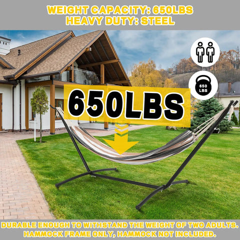 Heavy Duty Hammock Stand For Indoor And Outdoor Use, 650 Lbs Capacity, 9 Foot Long With Portable Carrying Case, steel frame on lawn