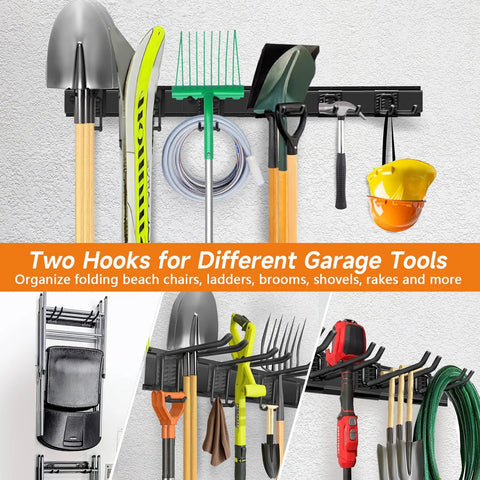 Heavy Duty 48 Inch Wall Mount Garden Tool Organizer Rack With Six Hooks For Yard Tools, Rakes And Shovels, Garage Storage System