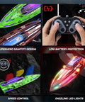 Two Pack 13 Inch Remote Control Boats With LED Lights 2 4Ghz RC Race Boats For Pools And Lakes Kid Friendly Fun For Boys 8 To 12 Includes Extra Batteries And Easy USB Charging shown with features like LED lights, remote control, and design details.