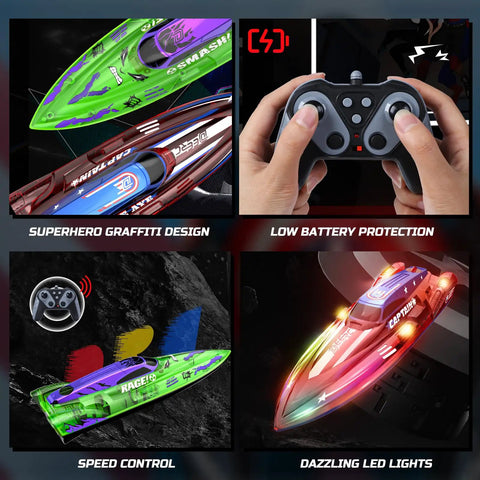 Two Pack 13 Inch Remote Control Boats With LED Lights 2 4Ghz RC Race Boats For Pools And Lakes Kid Friendly Fun For Boys 8 To 12 Includes Extra Batteries And Easy USB Charging shown with features like LED lights, remote control, and design details.